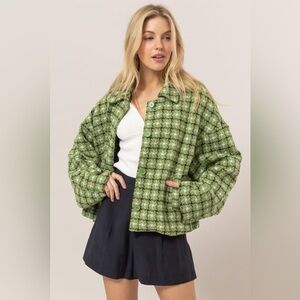 HYFVE Tweed Plaid Button Up Collared Neck Jacket